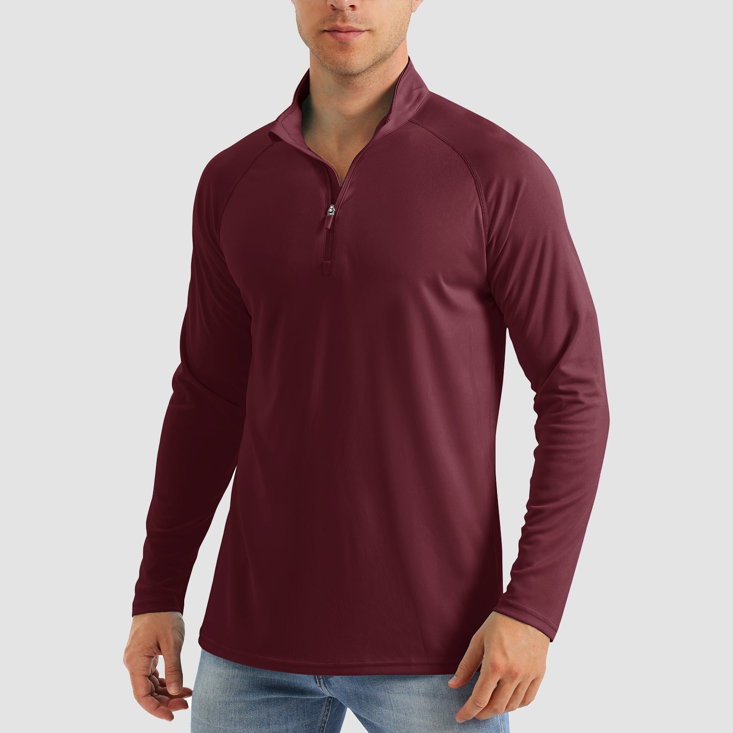 Men's light blue UPF50+ quarter-zip sun shirt, loose fit with moisture-wicking breathable fabric