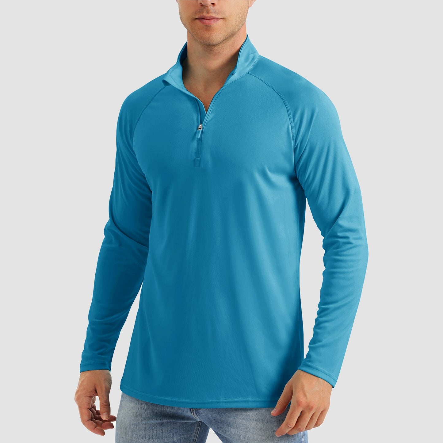 Men's light blue UPF50+ quarter-zip sun shirt, loose fit cooling breathable fabric for outdoor sports