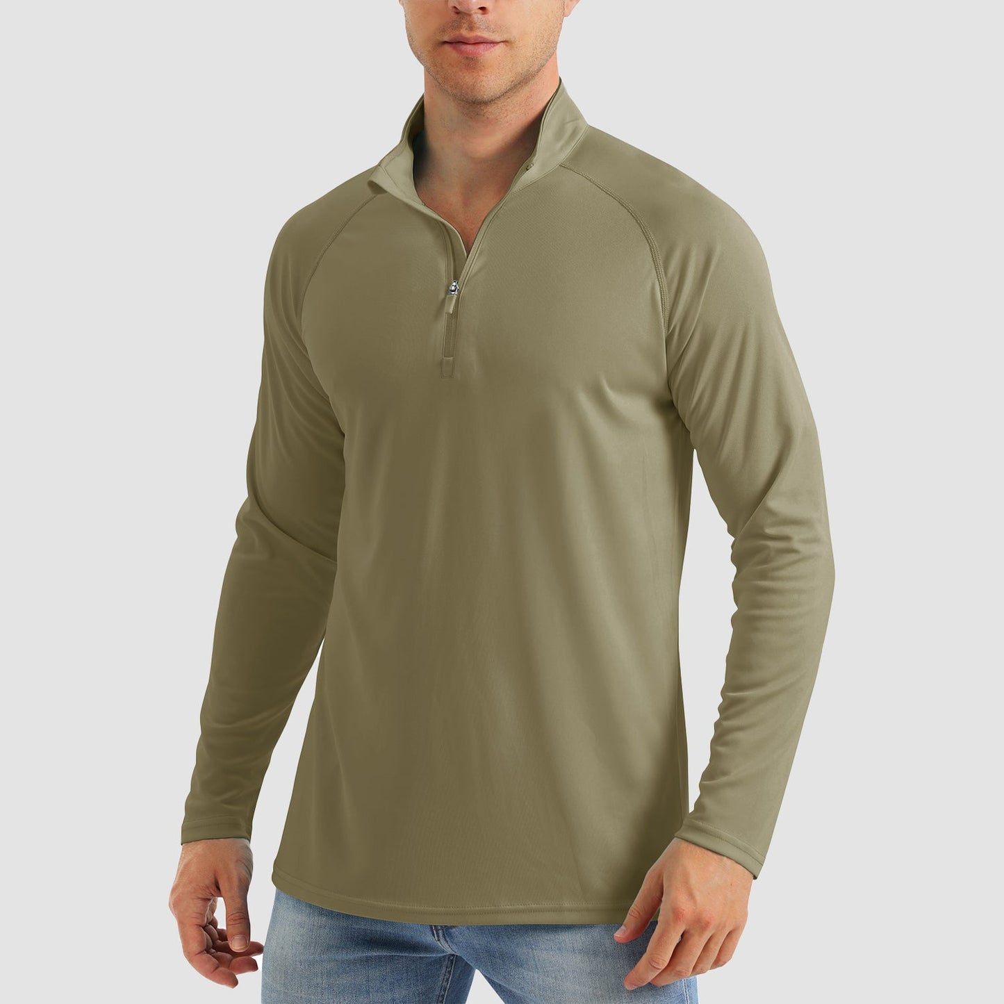 Men's light blue UPF50+ sun shirt quarter zip loose fit with moisture wicking cooling fabric