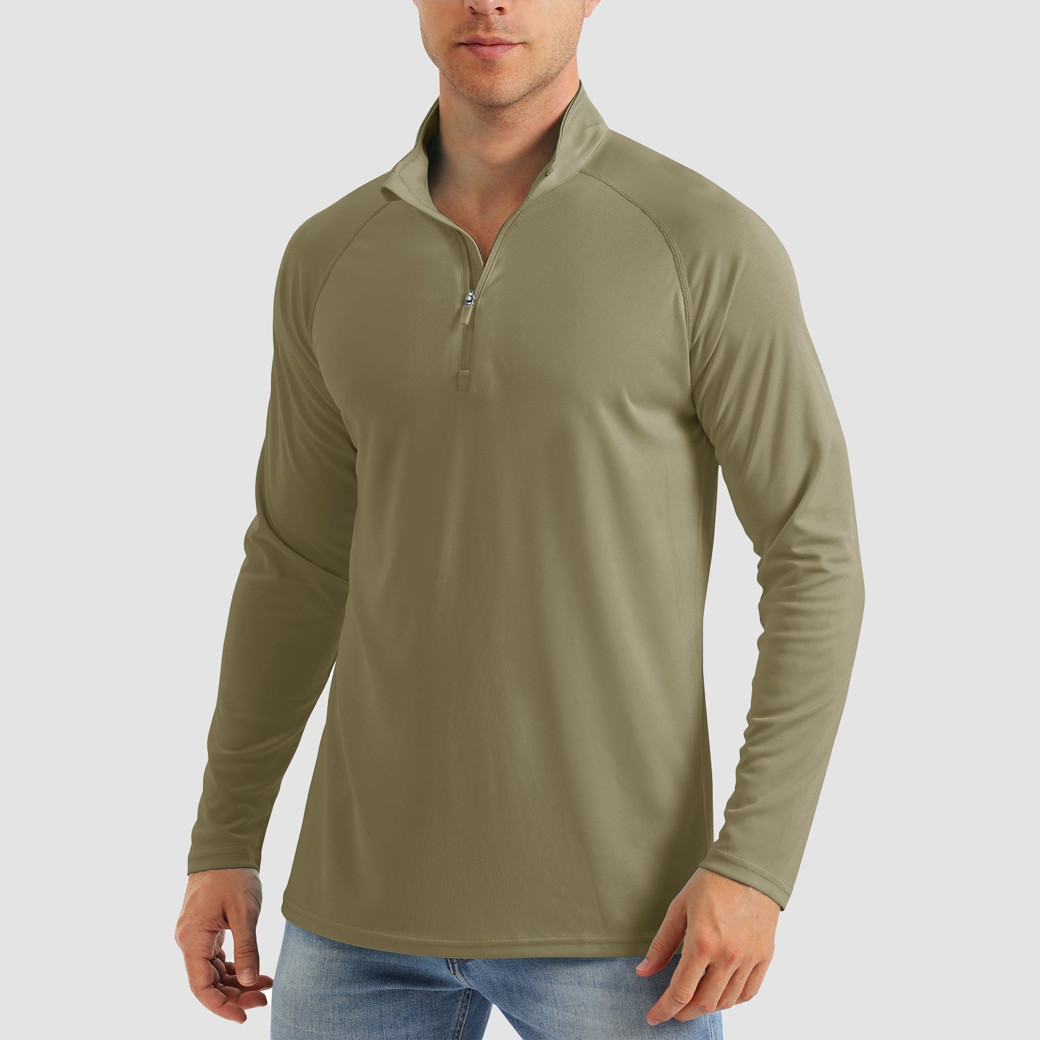 Men's light blue UPF50+ sun shirt quarter zip loose fit with moisture wicking cooling fabric