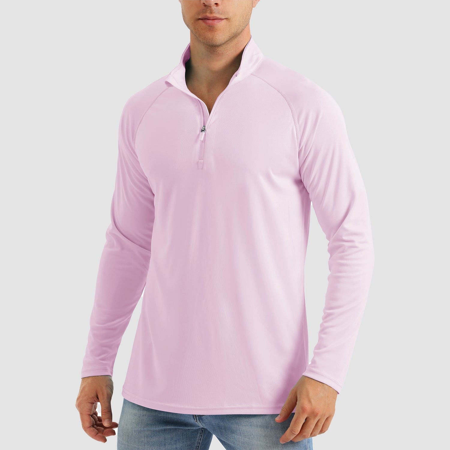 Men's light blue UPF 50+ quarter-zip sun shirt, lightweight moisture-wicking long sleeve for outdoor activities
