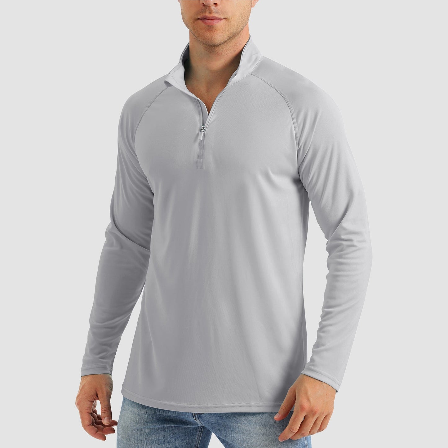Men's light blue UPF 50+ quarter-zip sun shirt, lightweight moisture-wicking long sleeve for outdoors