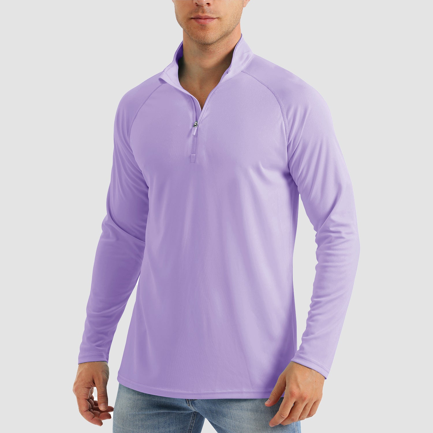 Men's light blue UPF 50+ quarter-zip sun shirt, lightweight moisture-wicking long sleeve for outdoor wear