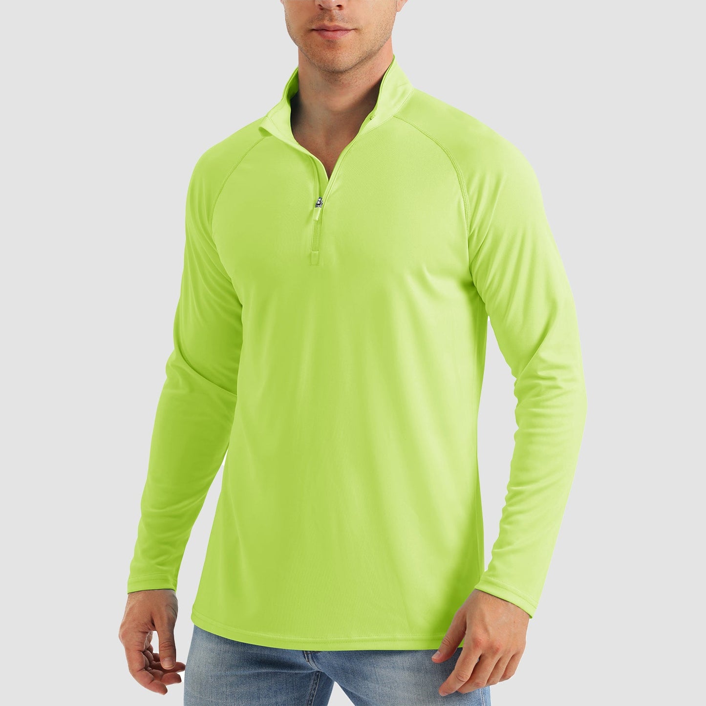 Men's light blue UPF 50+ quarter-zip sun shirt, lightweight moisture-wicking long sleeve outdoor athletic fit