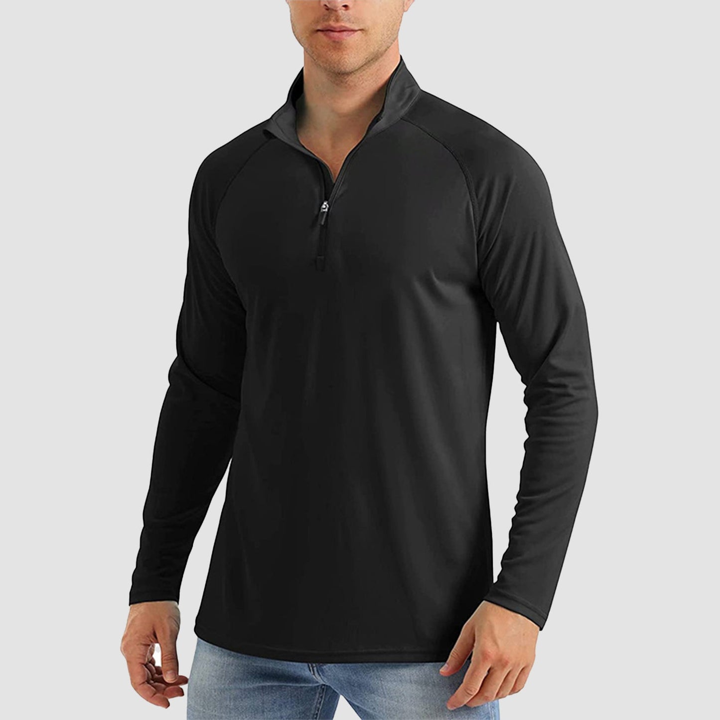 Men's light blue UPF50+ quarter-zip sun shirt, loose fit with moisture-wicking cooling fabric