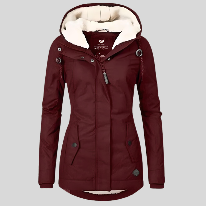 Women's long winter coat with hood, waterproof shell, cozy lining, streamlined cold-weather style