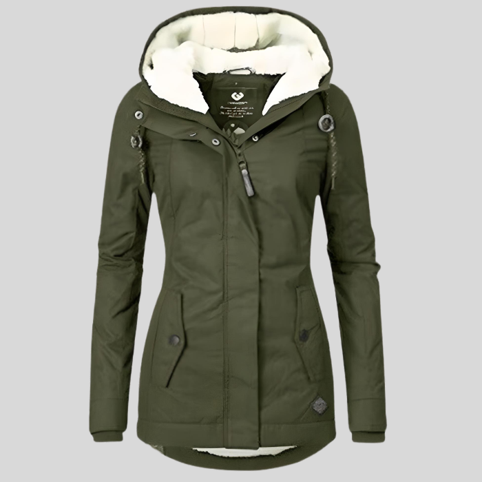 Women's long winter coat with hood, waterproof shell, cozy lining, streamlined cold-weather style