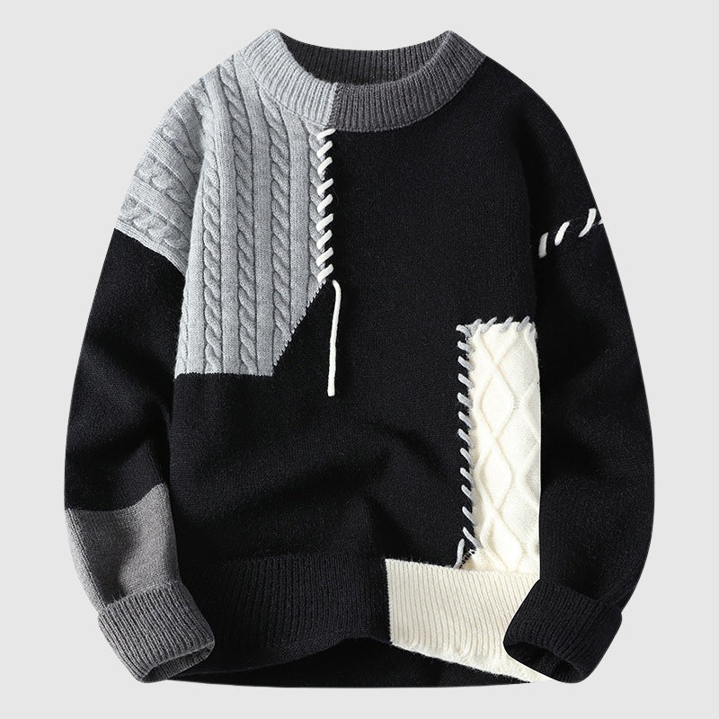 Alessandro Veneti patchwork sweater multicolor eclectic O-neck winter knit artisanal statement piece