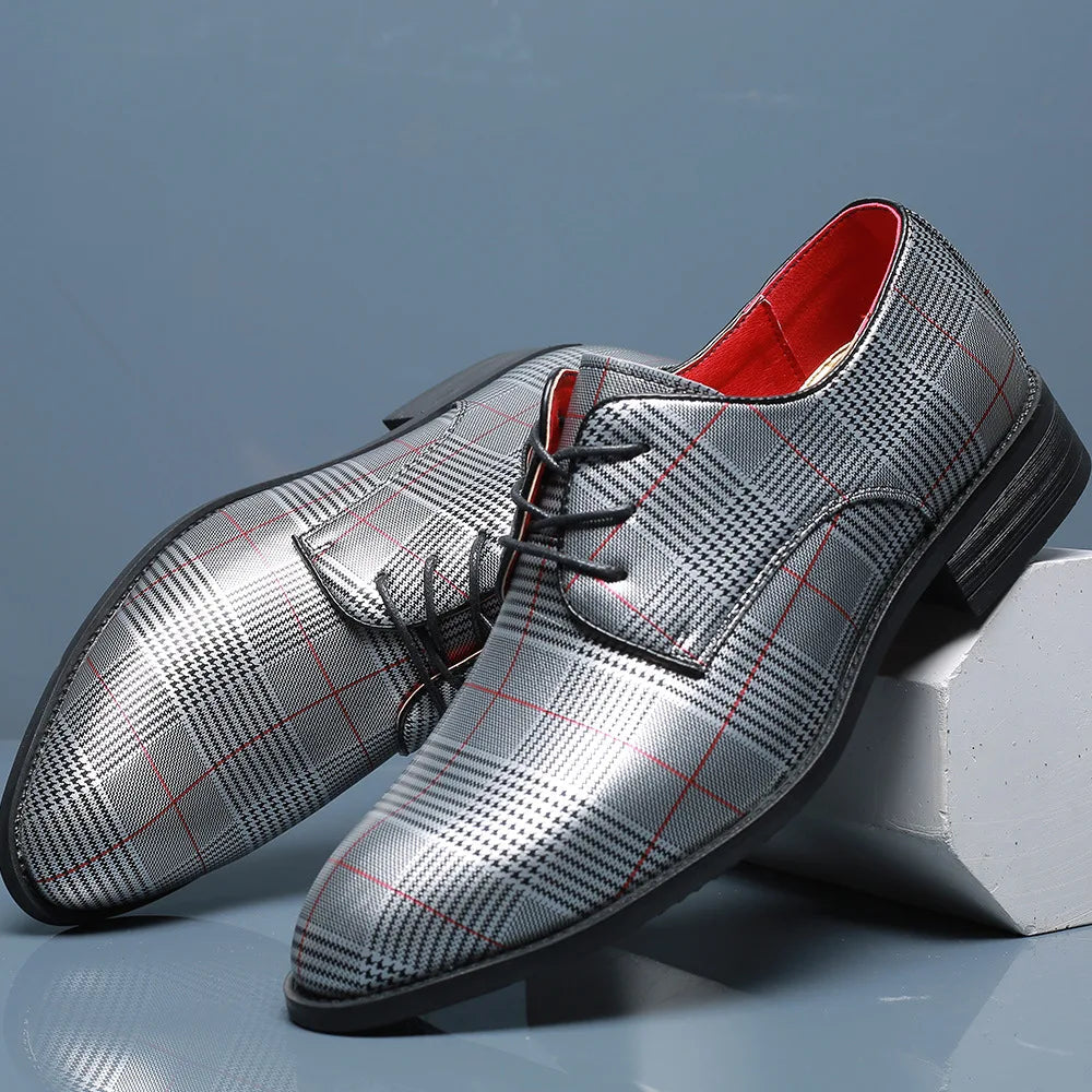 Magnus checkered leather oxford shoes black white bold red accent lines premium formal footwear