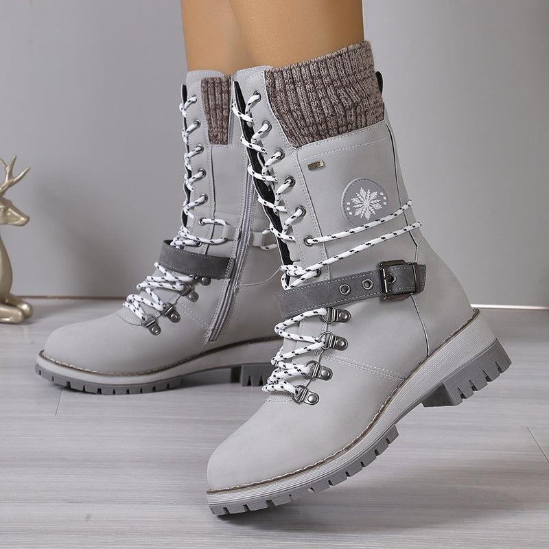 Women's brown leather winter boots lace-up closure with non-slip sole for all-day comfort