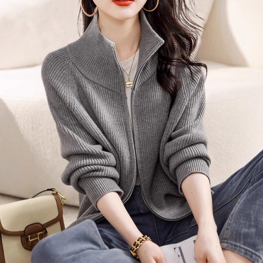 Women's soft cashmere zip cardigan modern cozy knit relaxed silhouette ultra-fine luxury texture