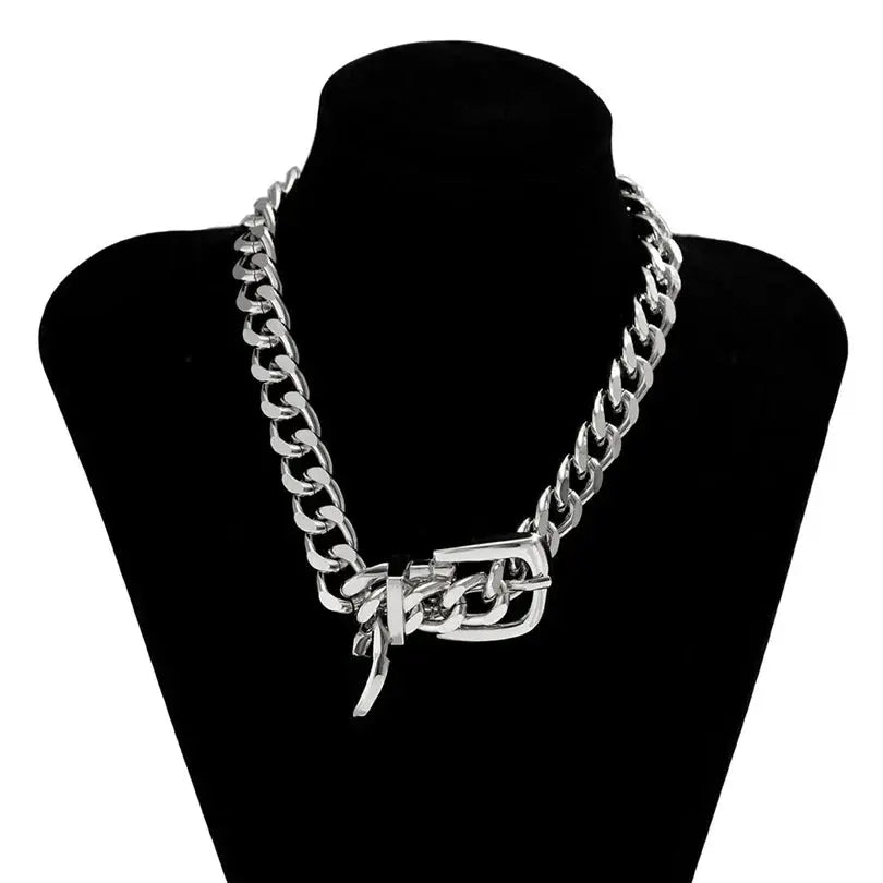 Aurora gold stainless steel chain choker necklace with drop link accent and adjustable buckle