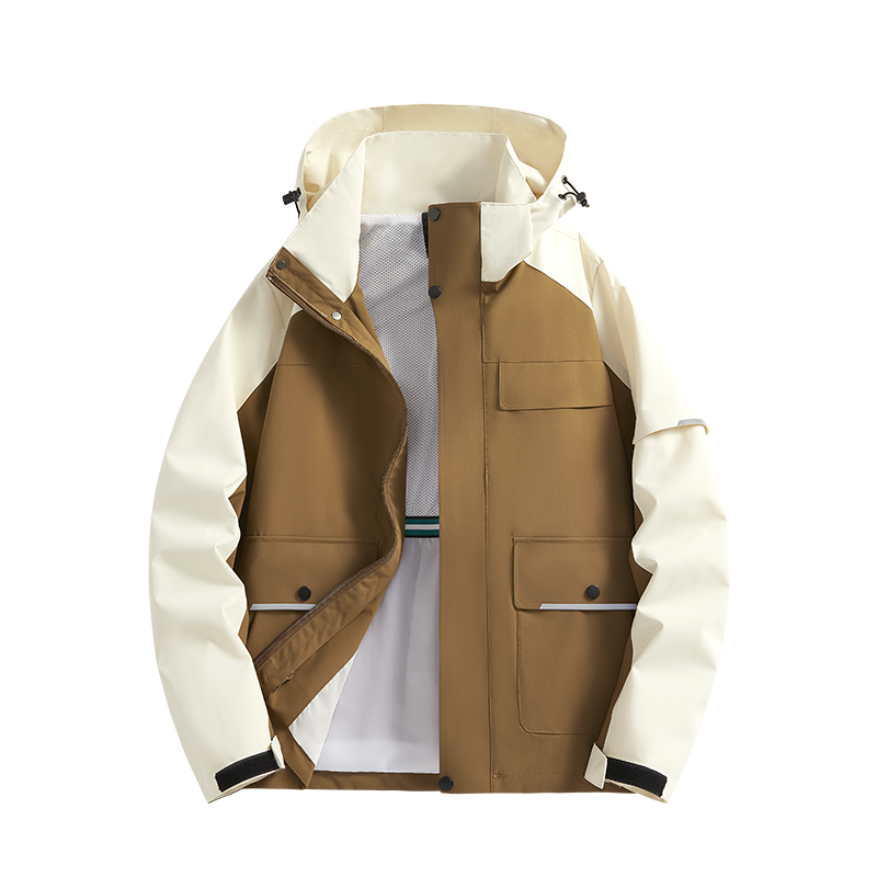 Men's navy hooded relaxed fit performance jacket with secure zipper closure for outdoors