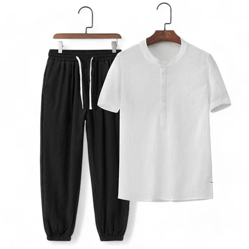 Women's casual two-piece sweat set with double stripe detail, drawstring waist, breathable comfort fit