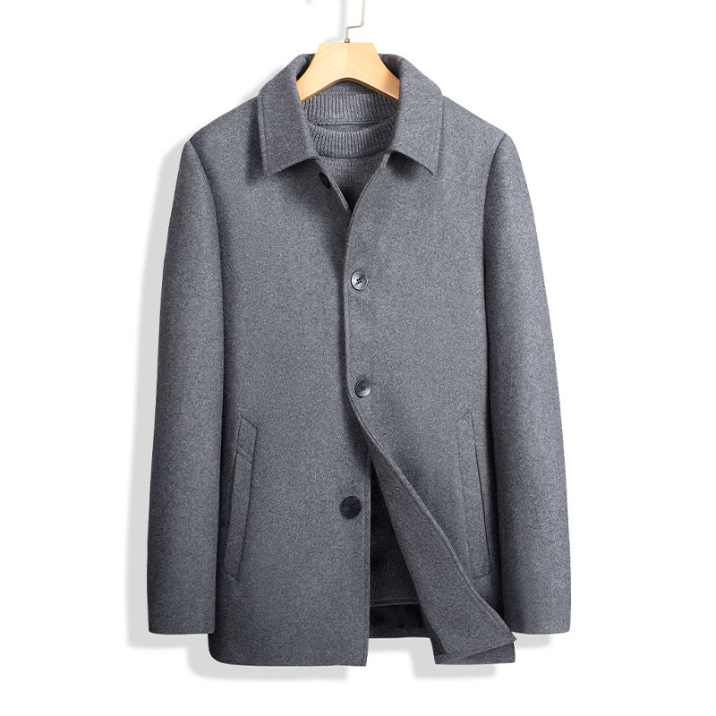 Men's regular fit hip-length wool coat with collared neckline and classic button front closure