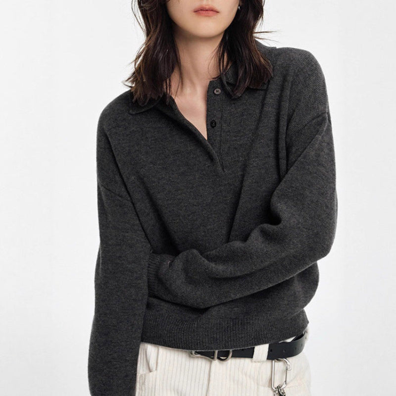 Women's relaxed fit wool polo sweater cozy knit casual smart-casual versatile everyday essential