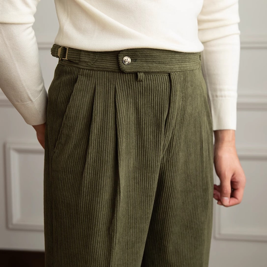 Men's relaxed fit ribbed pleated trousers smart casual style with elegant pleat detail