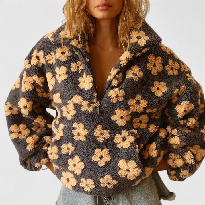 Women's floral half-zip fleece pullover oversized relaxed fit ultra-soft plush fabric casual warmth
