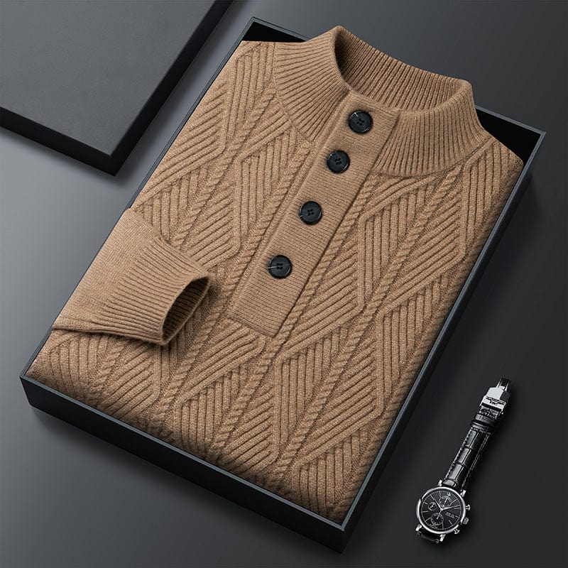 Men's beige button-neck knit sweater with four-button placket and rich textured soft fabric