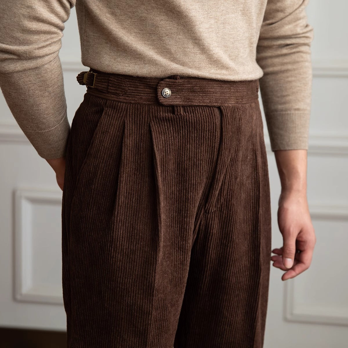 Men's relaxed fit ribbed pleated trousers smart casual contemporary silhouette everyday comfort