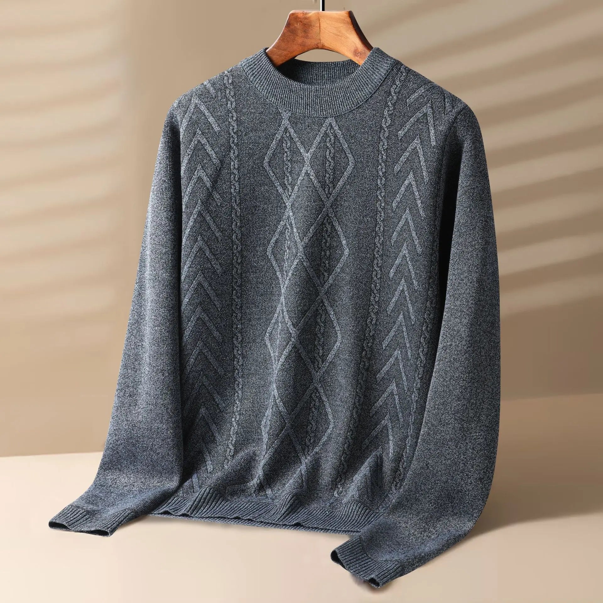 Men's cream cable knit crewneck sweater with ribbed texture, classic heritage pattern for everyday warmth