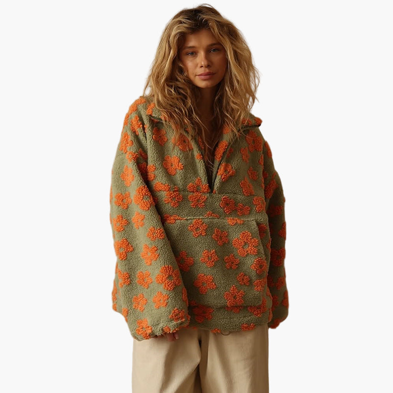 Women's teddy fleece pullover sweater with boho floral print, cozy relaxed fit for autumn