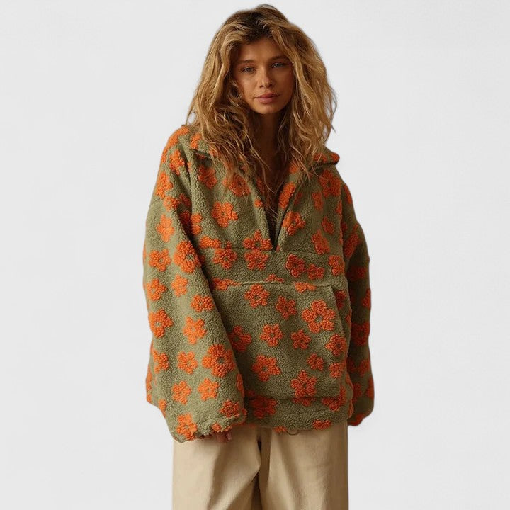Women's floral half-zip fleece pullover oversized relaxed fit ultra-soft plush cozy warmth layer