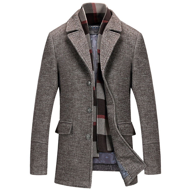 Men's thigh-length wool overcoat in classic cut with layered button-front silhouette for modern style