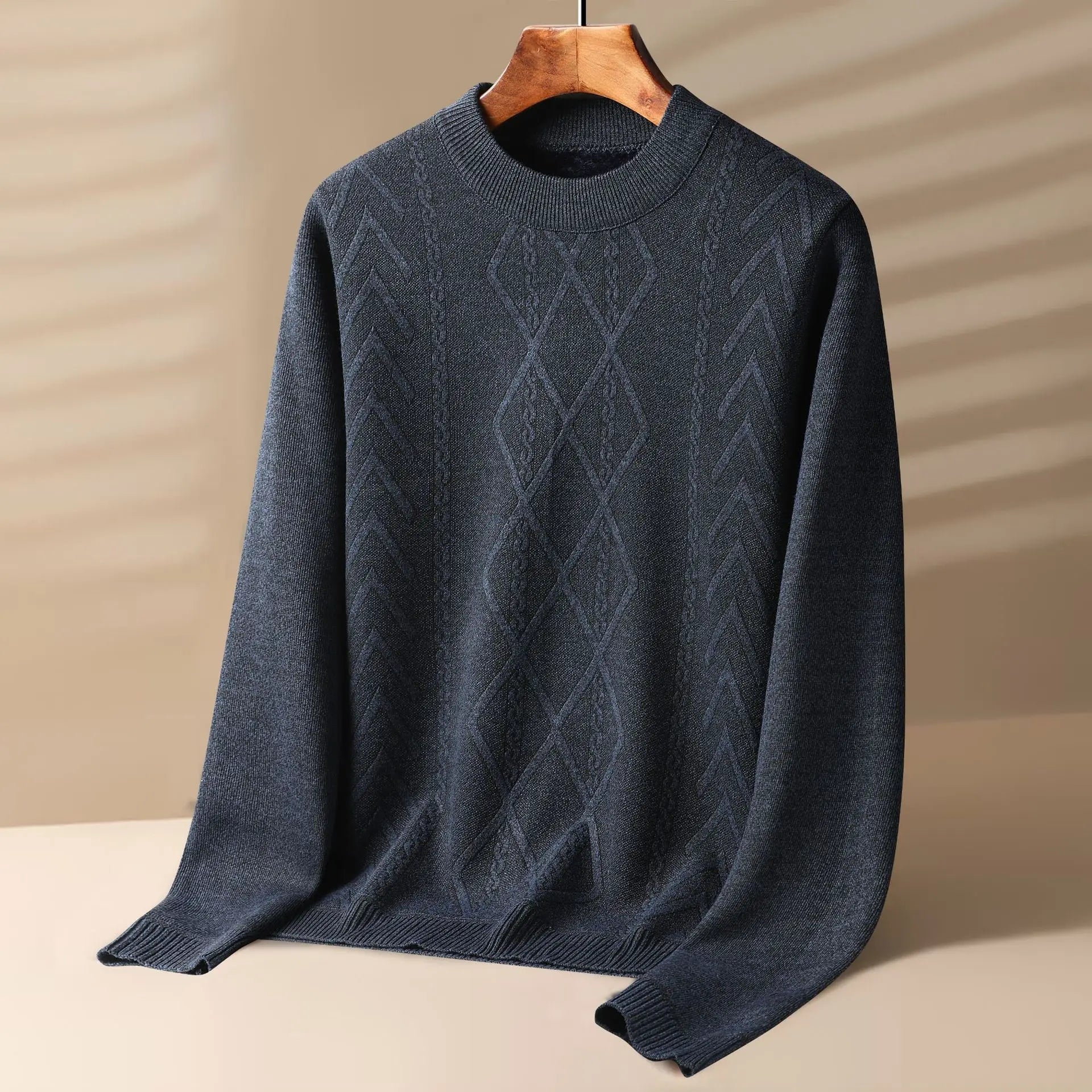 Men's cream cable knit crewneck sweater with ribbed texture, classic cozy fit for everyday wear