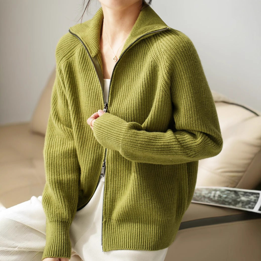 Women's soft cashmere zip cardigan modern cozy knit silhouette ultra-soft luxury everyday style