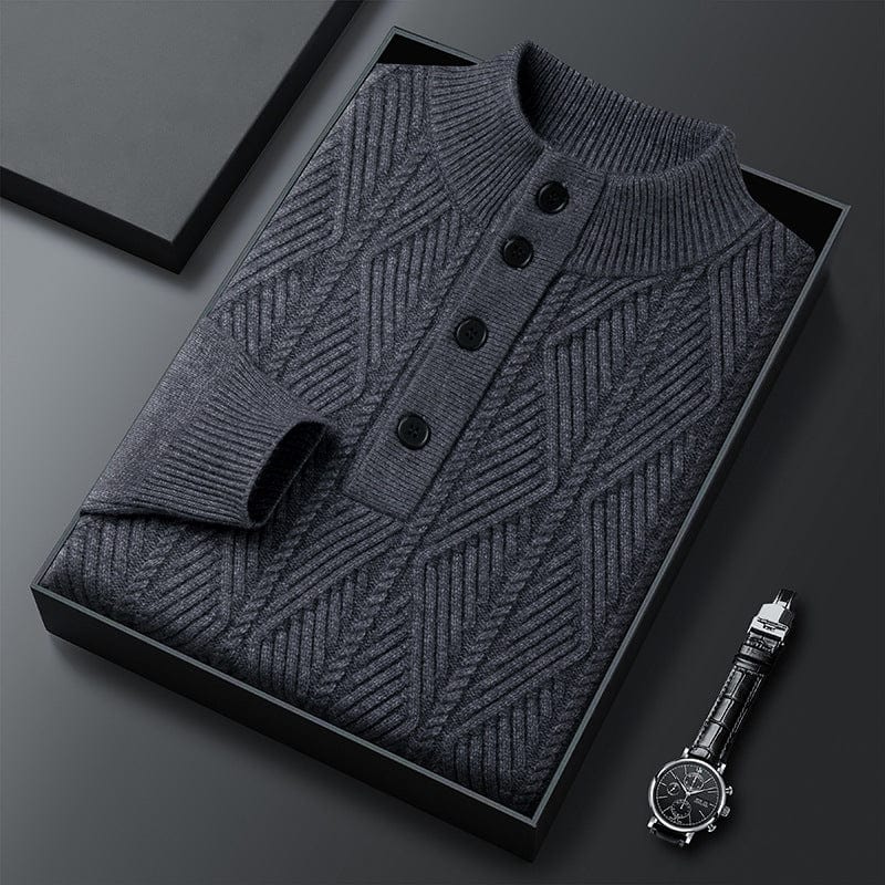 Men's gray button-neck knit sweater with four-button placket, soft rich-texture fabric timeless style