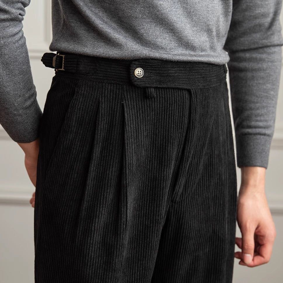 Men's relaxed fit ribbed pleated trousers smart casual style with elegant pleat detail