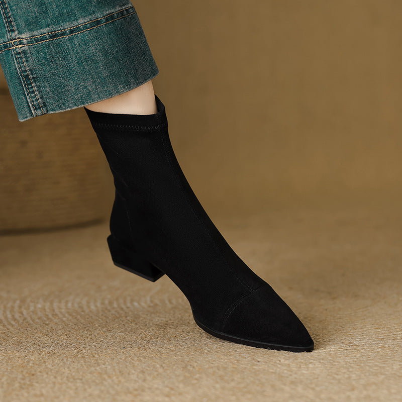 Women's black pointed toe block heel sock ankle boots with sleek silhouette for all-day comfort
