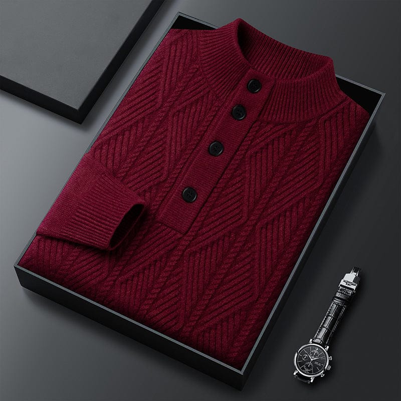 Men's beige button-neck knit sweater with four-button placket, soft rich-texture fabric, timeless fit