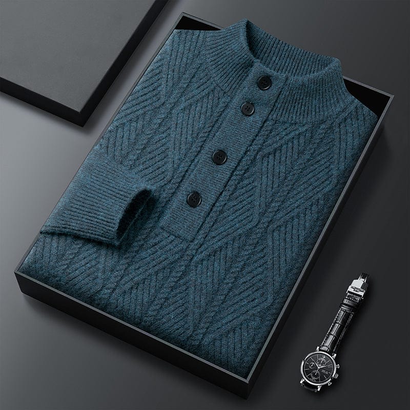 Men's beige button-neck knit sweater with four-button placket and rich textured soft fabric