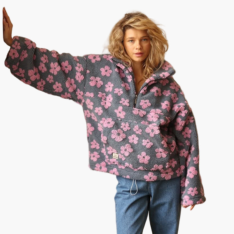 Women's teddy fleece pullover sweater in boho floral print, cozy oversized fit for autumn warmth