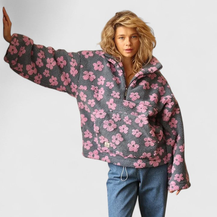 Women's floral half-zip fleece pullover oversized relaxed fit ultra-soft plush fabric casual warmth