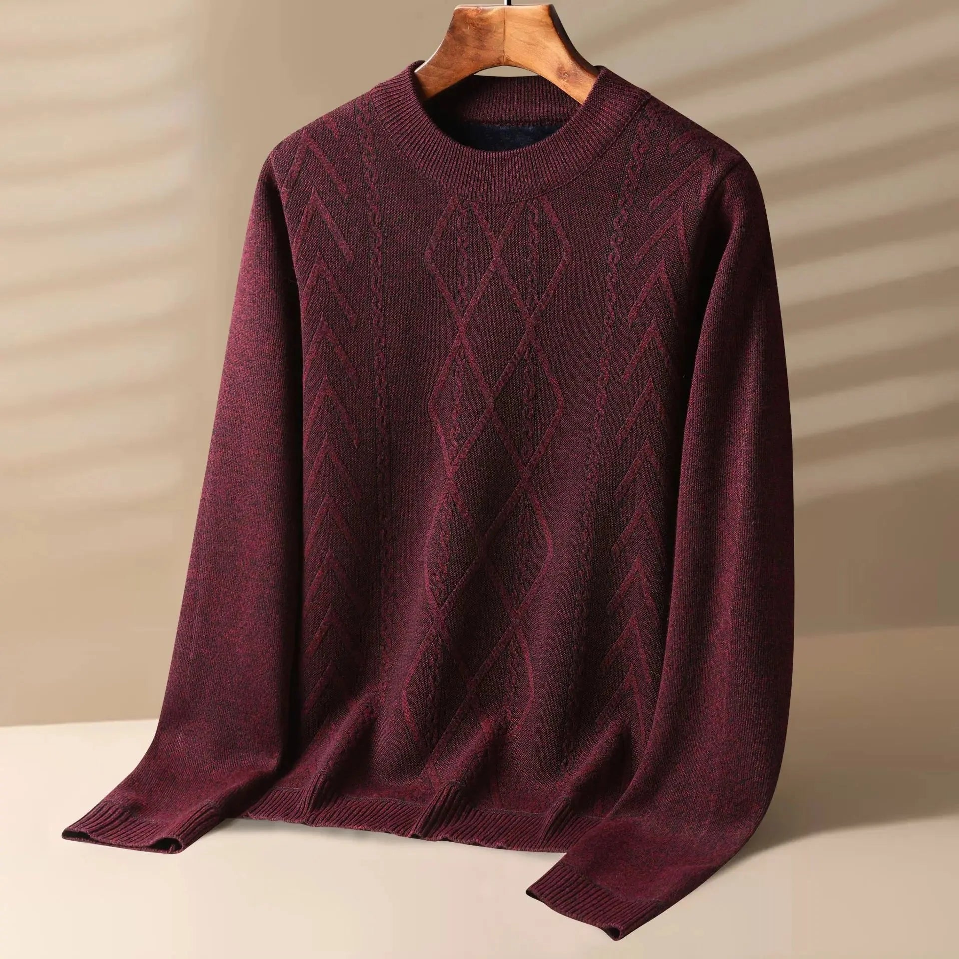 Men's beige cable knit crewneck sweater with ribbed texture and classic heritage pattern