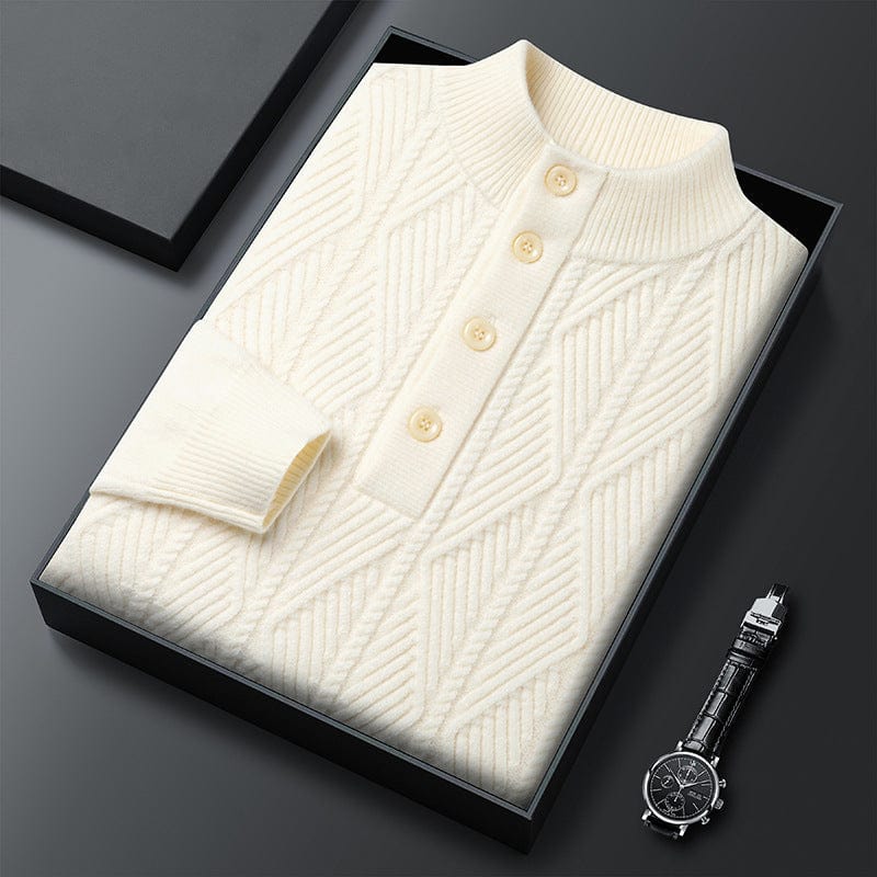 Men's grey button-neck knit sweater with four-button placket and rich textured soft fabric
