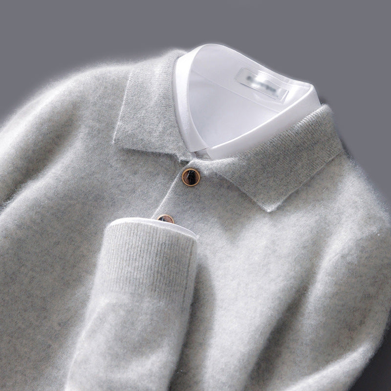 Men's polo collar knit sweater one-button front classic casual office smart versatile everyday essential