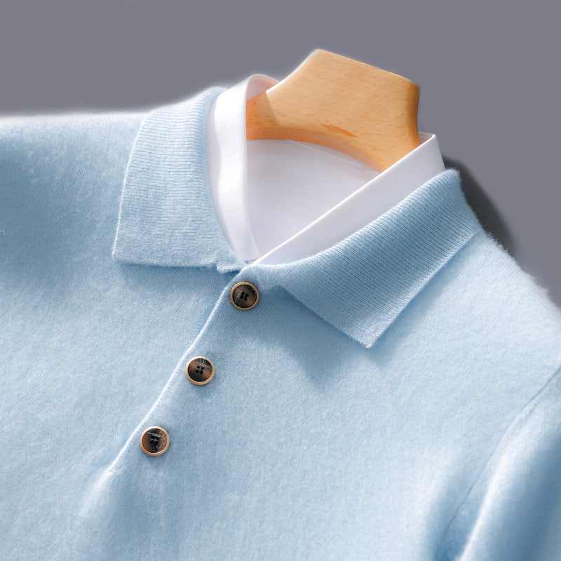 Men's polo collar knit sweater one-button front casual office versatile everyday essential