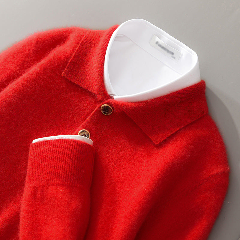 Men's polo collar knit sweater one-button front classic fit versatile casual office essential