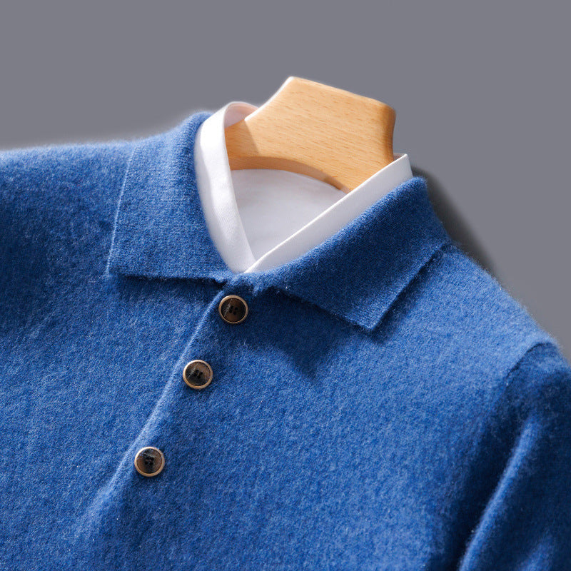 Men's polo collar knit sweater one-button front slim fit classic versatile casual office essential