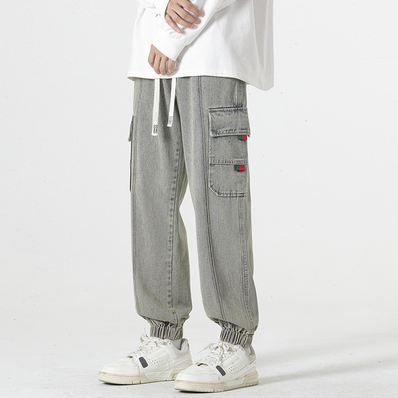 Men's washed denim joggers tapered fit with cargo pockets and elastic cuffs drawstring waist