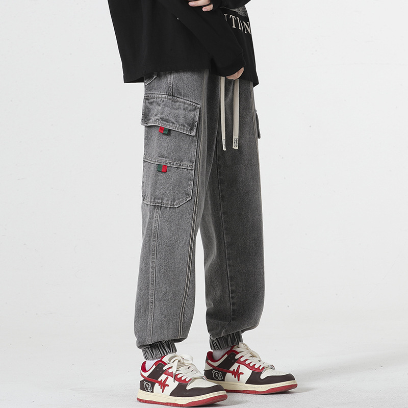 Men's washed denim joggers tapered fit cargo pockets elastic cuffs drawstring waist casual style