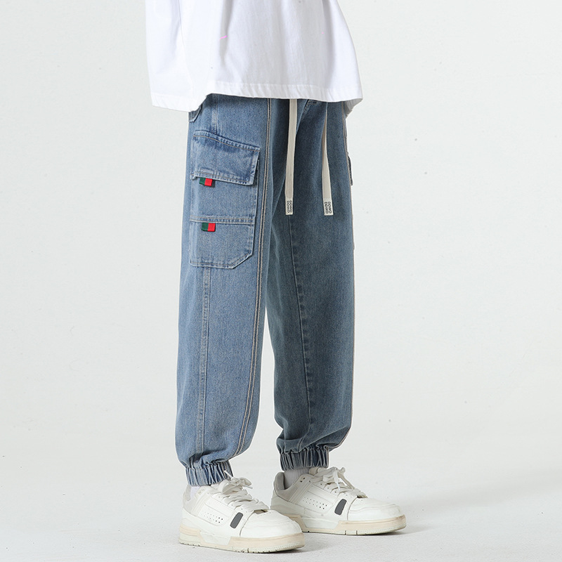 Men's washed denim joggers tapered fit cargo pockets elastic cuffs drawstring waist casual streetwear