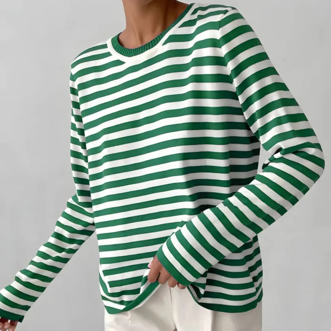 Women's striped loose long sleeve top ribbed crew neck drop-shoulder relaxed fit lightweight
