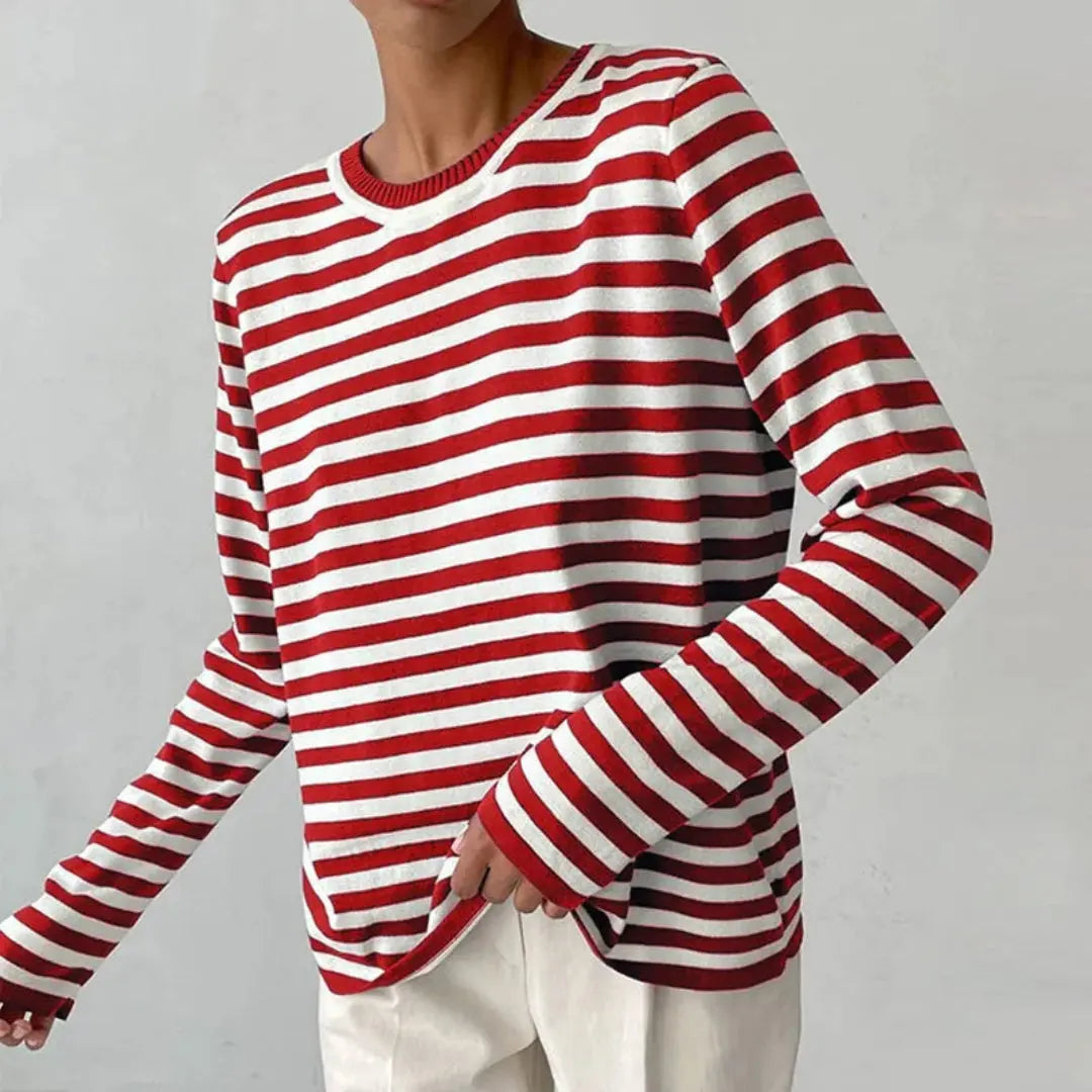 Women's striped loose long sleeve top with ribbed crew neck and drop-shoulder relaxed fit