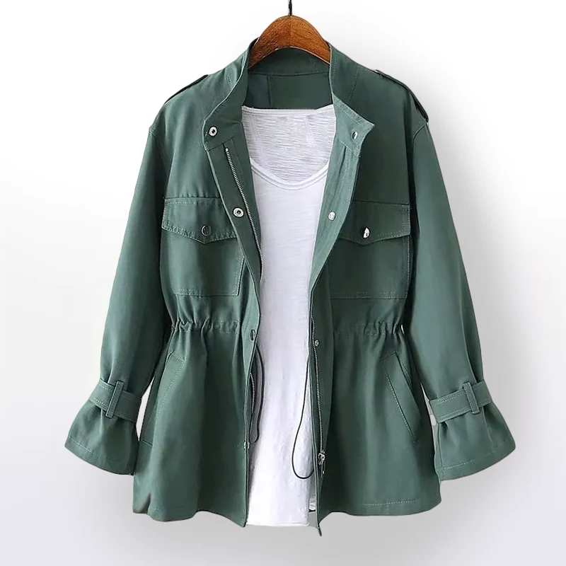 Women's olive utility jacket tailored fit with adjustable drawstring waist and functional pockets