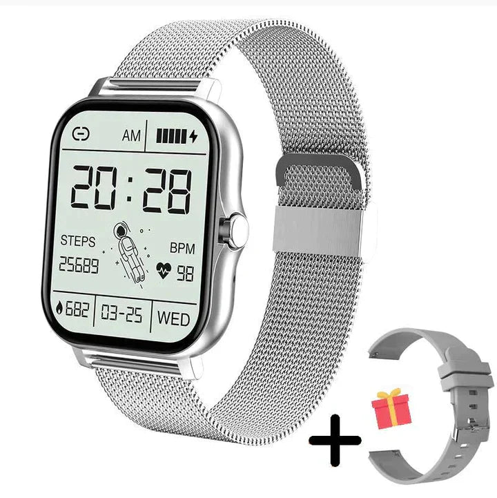 Gold mesh band smartwatch with minimalist design, sleek touchscreen display for modern professionals